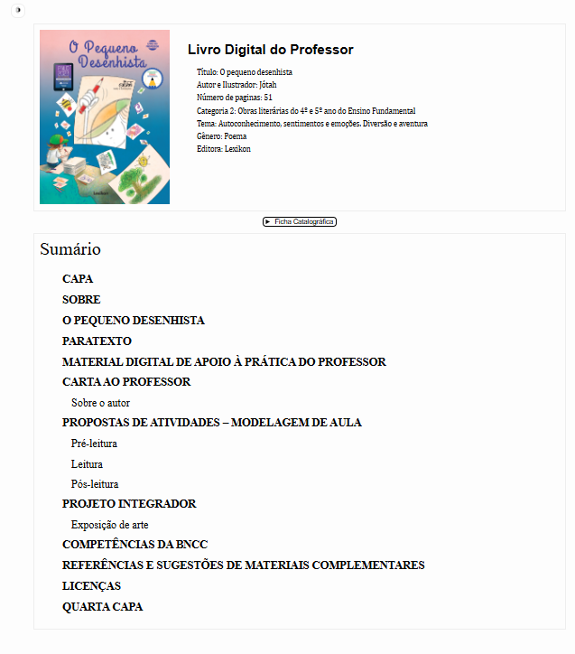 Sumário do Manual de apoio ao professor do livro “o pequeno desenhista”, de Jotah. Produzido no âmbito do PNLD 2023.