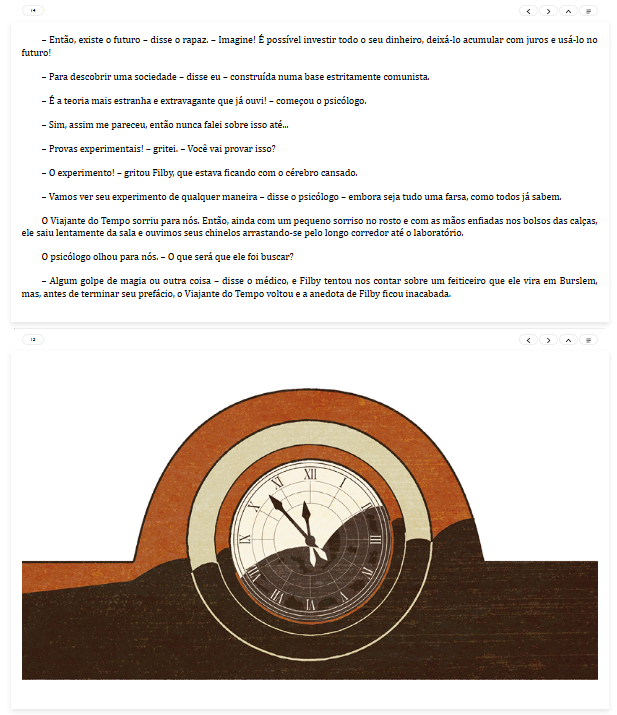 Página do livro “A Máquina do Tempo”, de H. G. Wells, com a tradução de Débora Ginza. Produzido no âmbito do PNLD 2023.