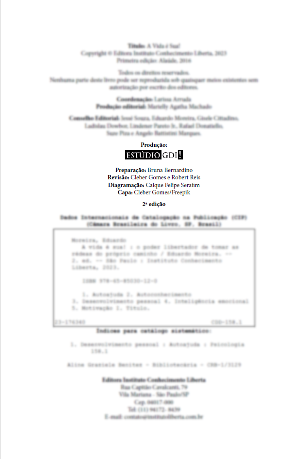 Créditos do livro 'A Vida é sua!', de Eduardo Moreira, produzido para o Instituto Conhecimento Liberta (ICL).